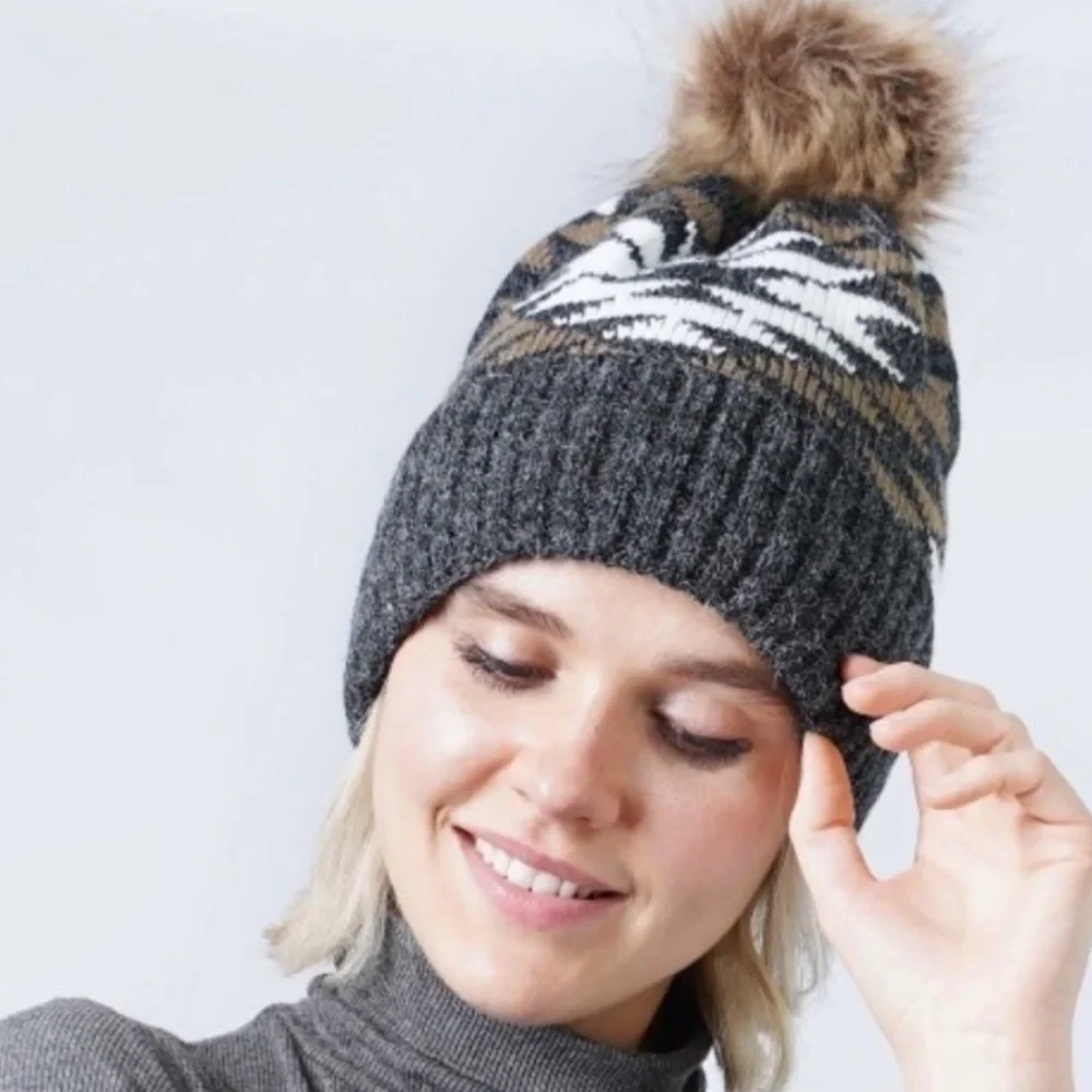 Aztec Print Knit Beanie With Pom Pom